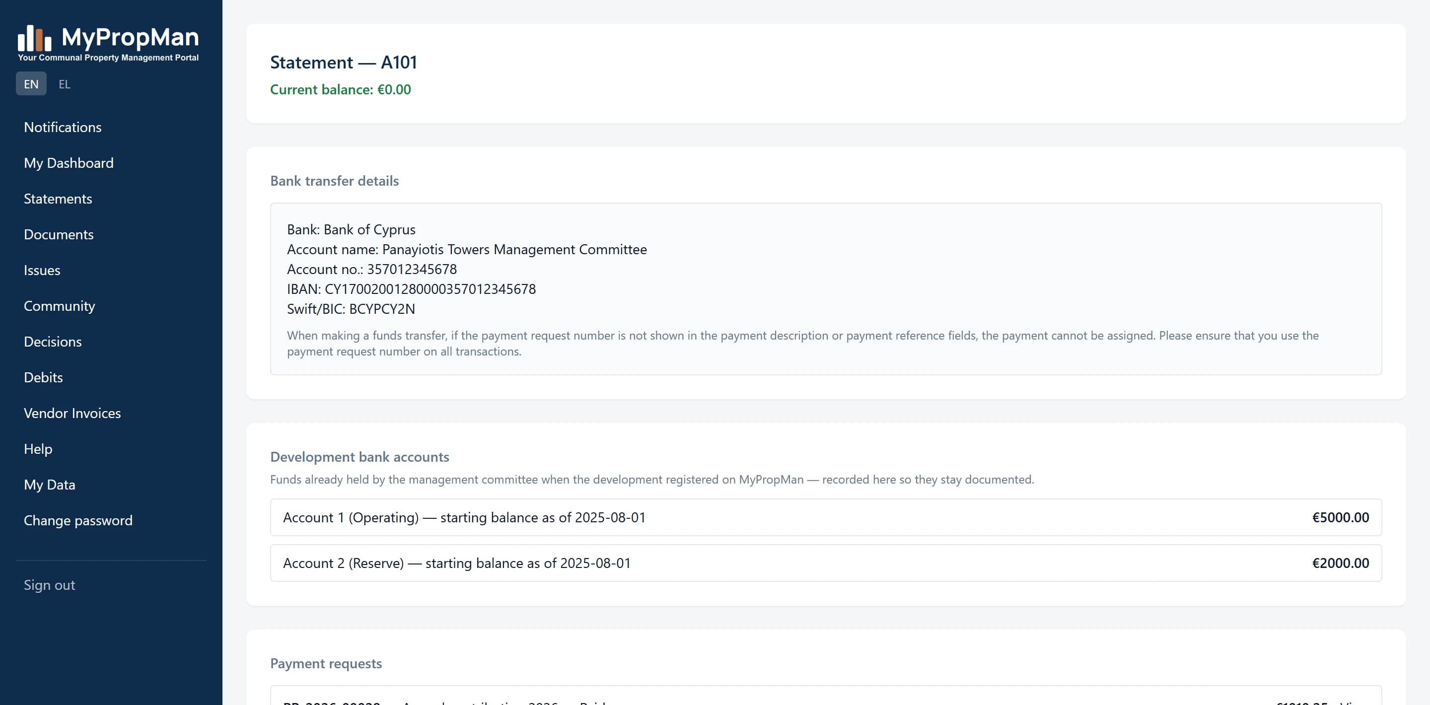 MyPropMan owner statement — current balance, development bank accounts, payment requests, and payments made, all in the owner's own portal