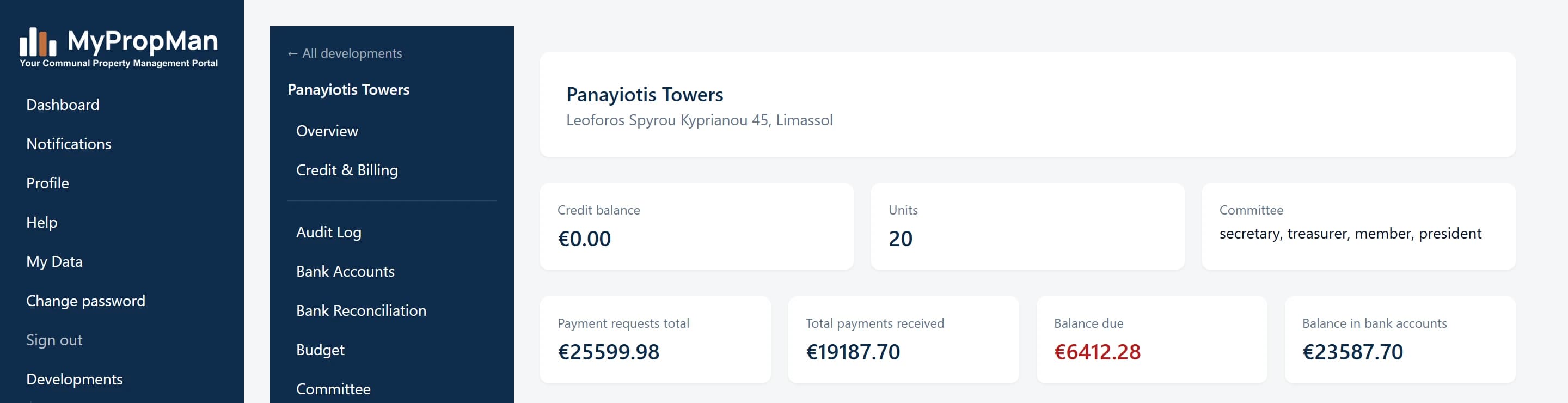 MyPropMan development overview — credit balance, units, committee, payment requests total, and bank balance at a glance